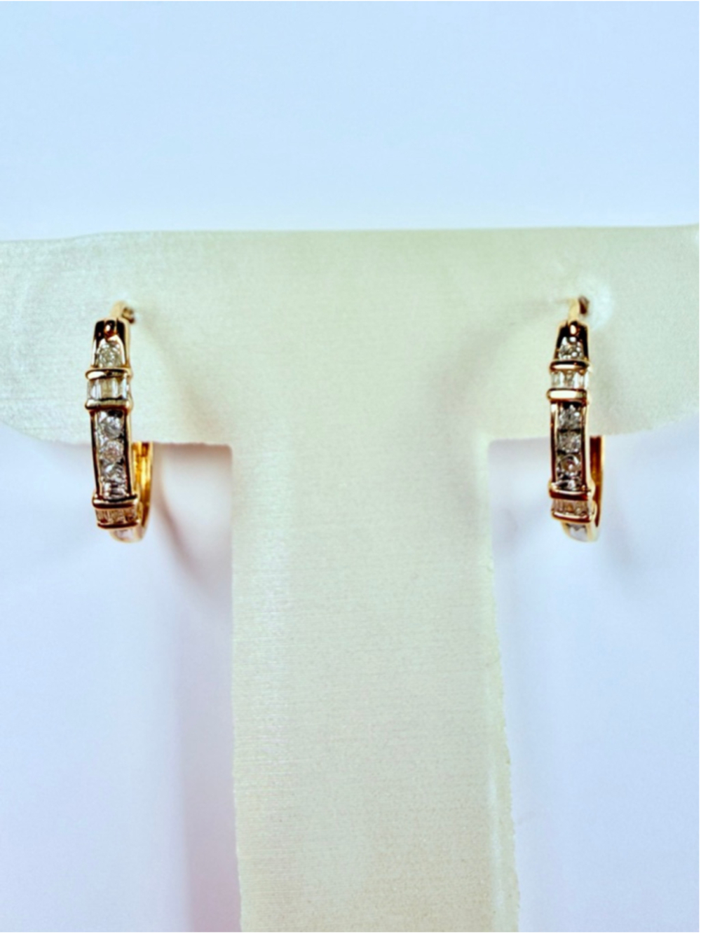 10K Solid Yellow Gold Diamond Baguette & Round Channel Set Oval Hoop Earrings